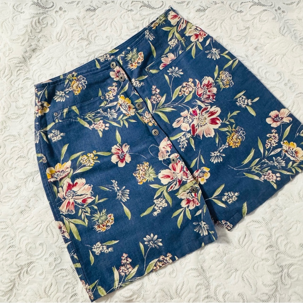 Liz Claiborne Floral Blue Linen/Cotton Skirt - size 10- cottage core-vintage